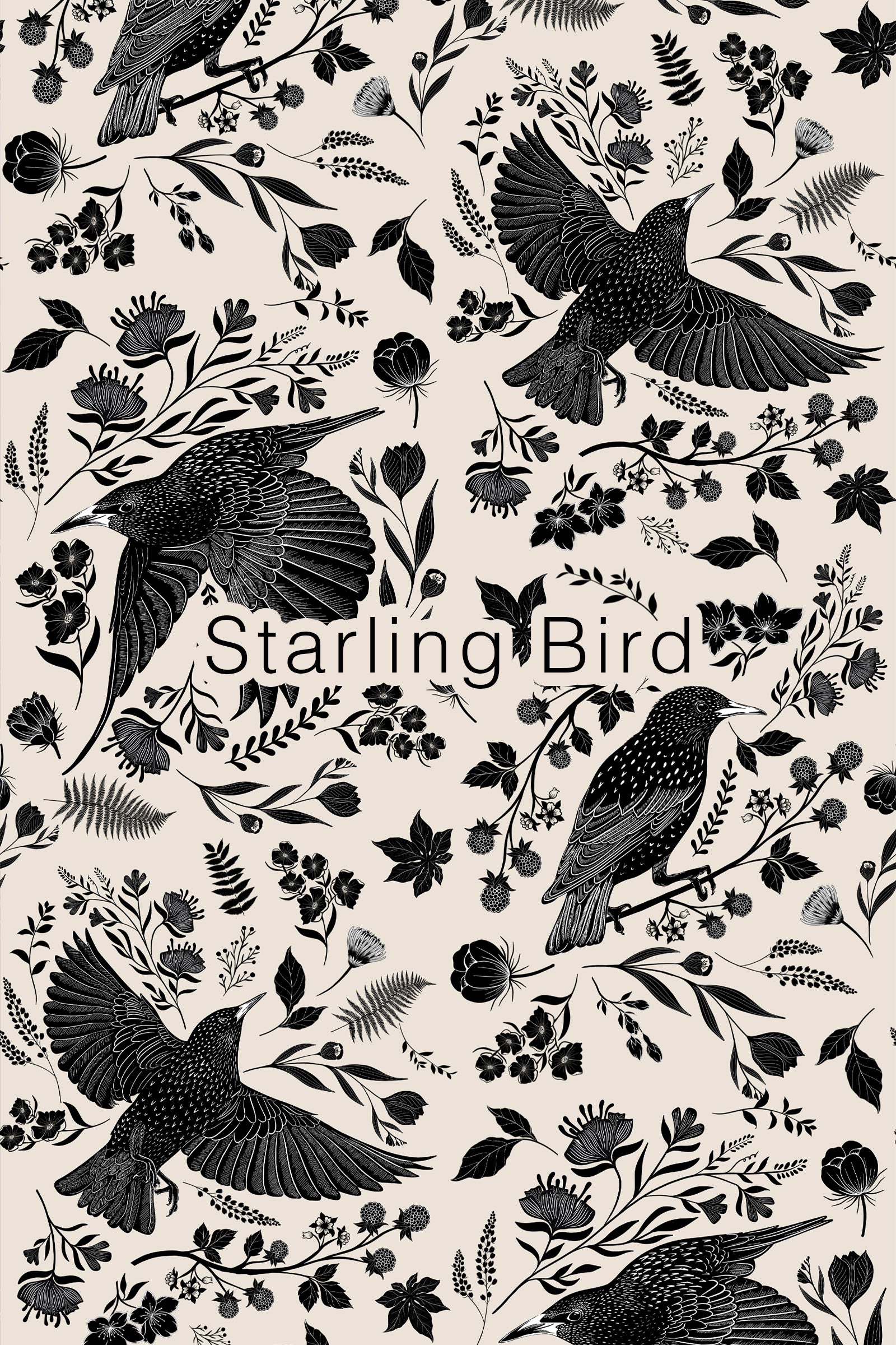 The hand-painted Starling Bird print on the Audrey Midi Dress — black starlings and foliage on ivory cotton