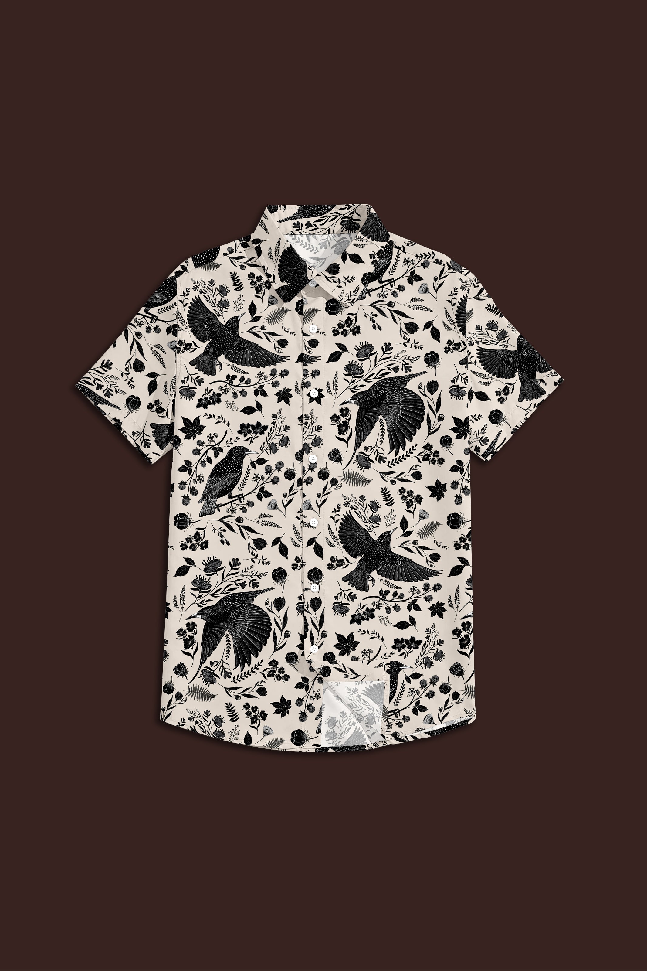 Simone Top in the hand-painted Starling Bird print — organic-cotton top with black starlings and foliage, by Hemloya.